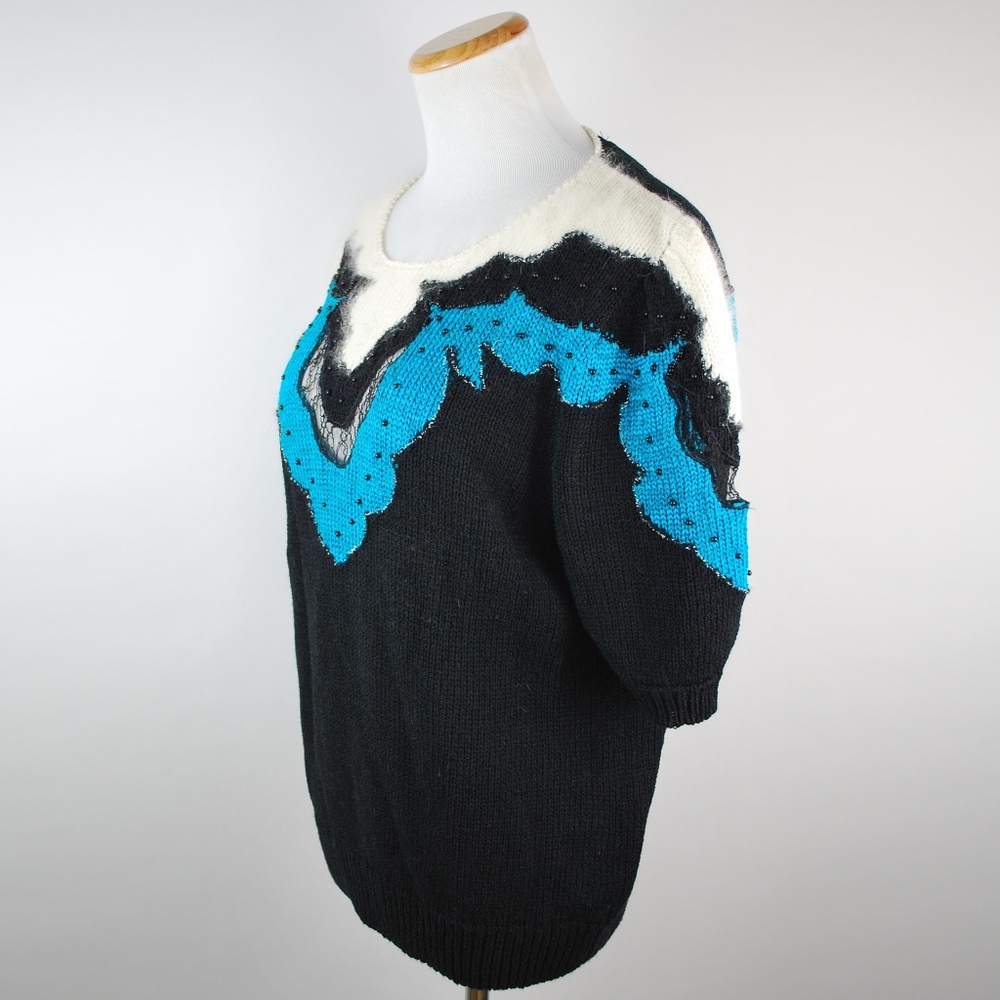 Vintage 80s Lara Ferrante Short Sleeve Angora Trim Sweater M - Picture 2 of 10